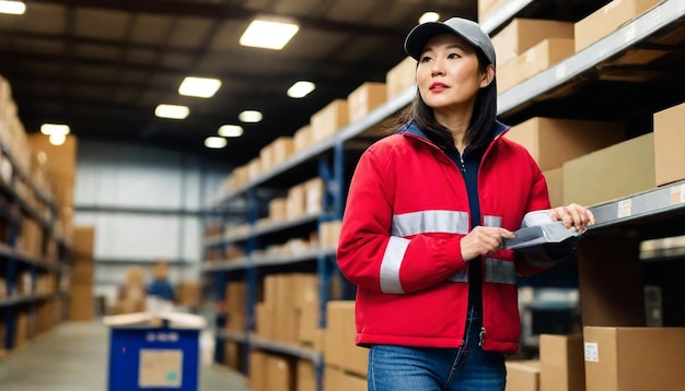 a woman in a red jacket is standing in a warehouse with boxes