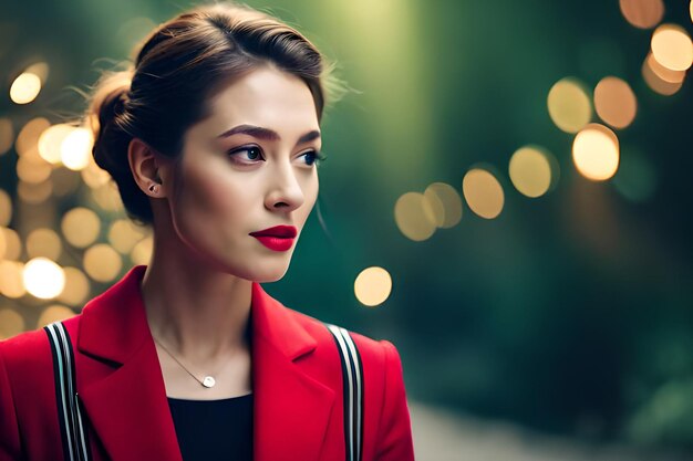 A woman in a red jacket and a red jacket stands in a street.