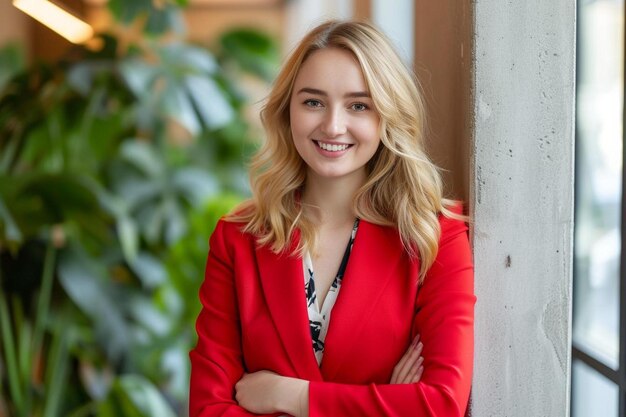 Photo a woman in a red jacket standing by a wall