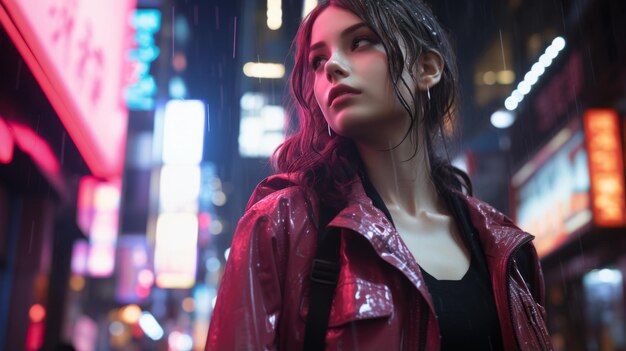 a woman in a red jacket standing on a city street at night