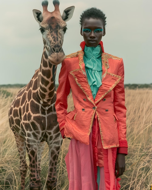 A woman in a red jacket stands by a giraffidae in a field