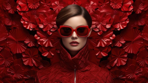 A woman in a red jacket and sunglasses stands in front of a red background