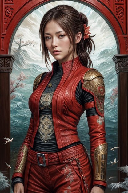 a woman in a red jacket with a dragon on her chest is holding a red shield