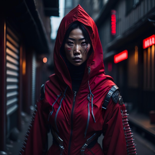 A woman in a red jacket with a red hood stands in a dark alley.