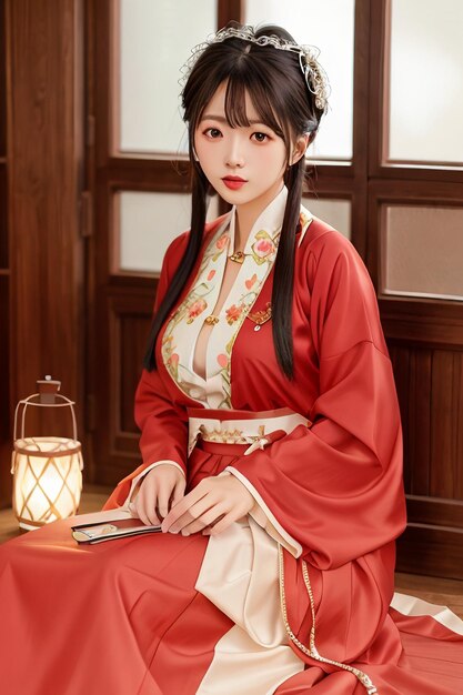 A woman in a red kimono sits on a floor.