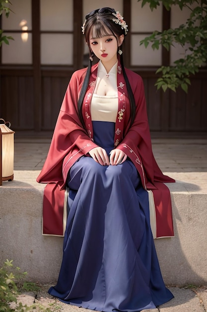 A woman in a red kimono sits on a stone.