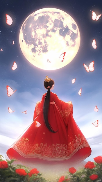 A woman in a red kimono stands in front of a full moon.