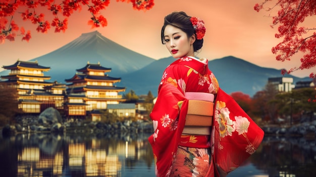 A woman in a red kimono stands in front of a mountain with a mountain in the background.