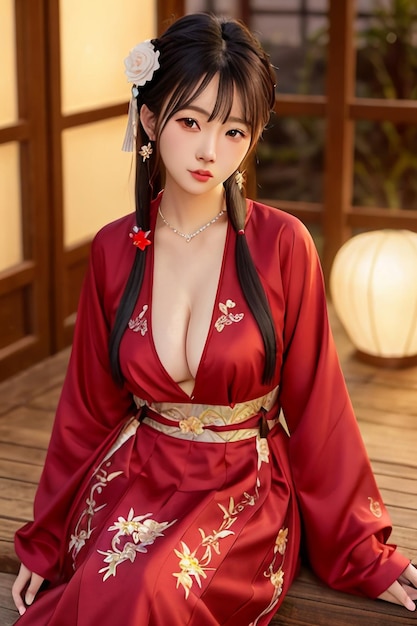 A woman in a red kimono with the word hanfu on the front.