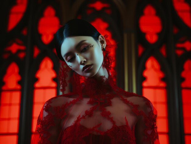 a woman in a red lace dress standing in front of a stained glass window