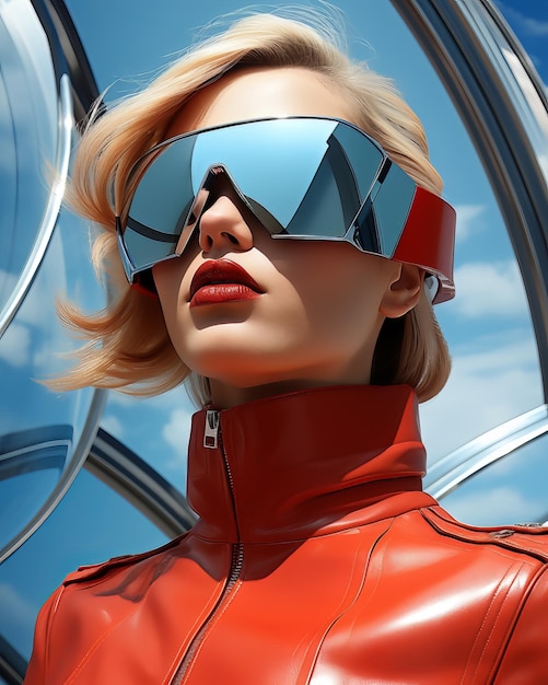 A woman in red leather jacket and sunglasses