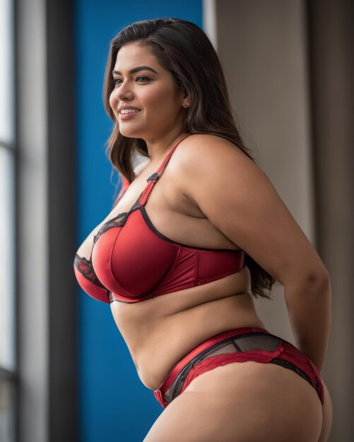 A woman in red lingerie posing for the camera