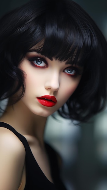 woman red lipstick black hair color monster high makeup pale unusually unique beauty short brown