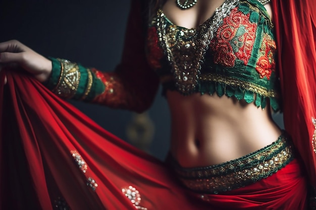 A woman in a red outfit with the word belly dance on it