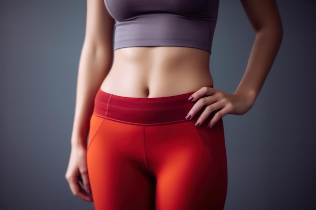 A woman in red pants and a grey top is showing her stomach