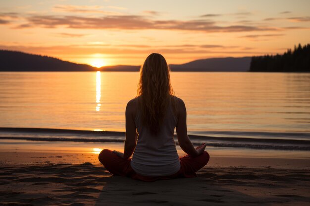 Photo woman in red pants and white shirt sitting on beach in lotus pose watching sunset