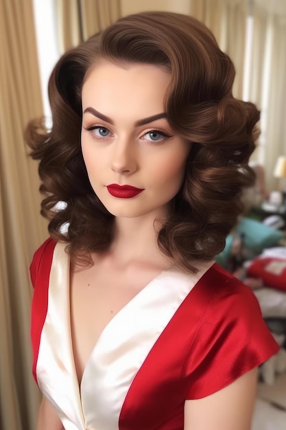 A woman in a red robe with a red dress and a white dress with a red bow.