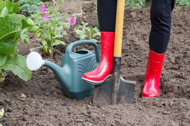 赤いゴム長靴を履いた女性が庭のベッドで土を掘っています農夫は大きなシャベルを使って庭を掘っています