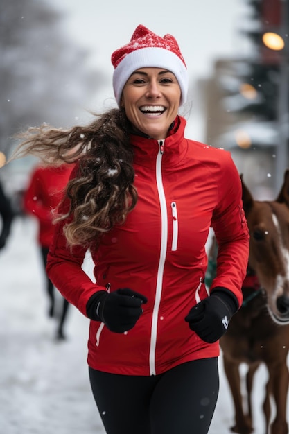 A woman in red running in the snow with a horse ai