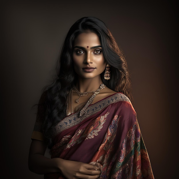 A woman in a red saree with a dark background and the word love on it.