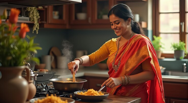 Photo a woman in a red sari is cooking food in a kitchen