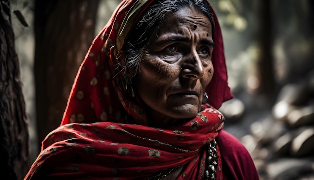 A woman in a red sari looks at the camera.