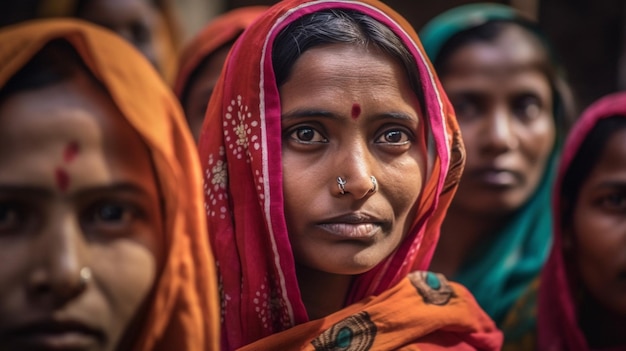 A woman in a red sari looks into the camera.