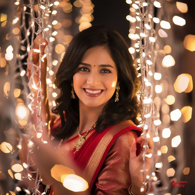 a woman in a red sari smiles in front of a christmas tree