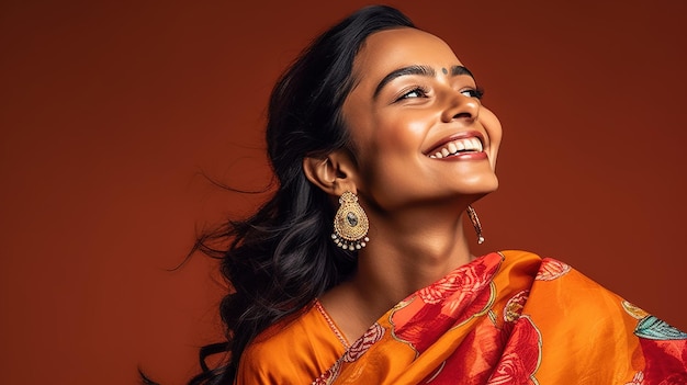 A woman in a red sari smiles and smiles.