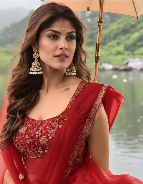 a woman in a red sari stands in front of a lake