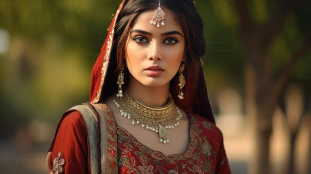 A woman in a red sari stands in a park.