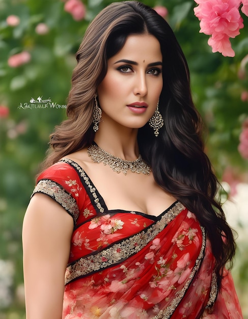 a woman in a red sari with flowers in the background