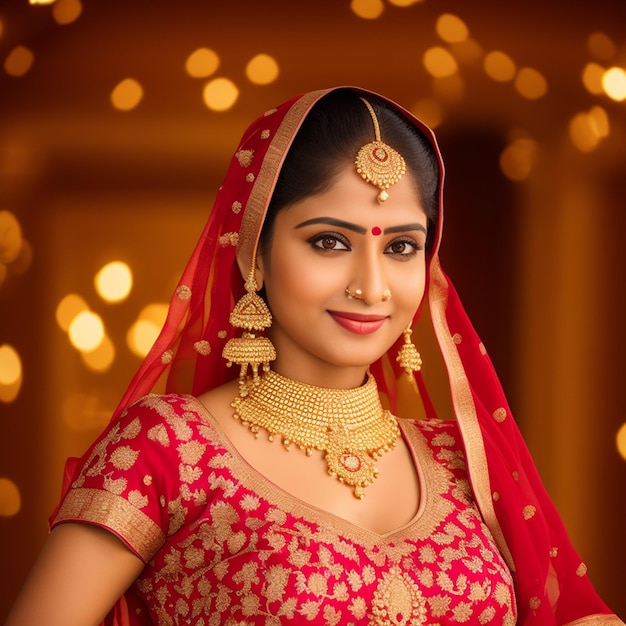 A woman in a red sari with gold jewelry and a red sari.