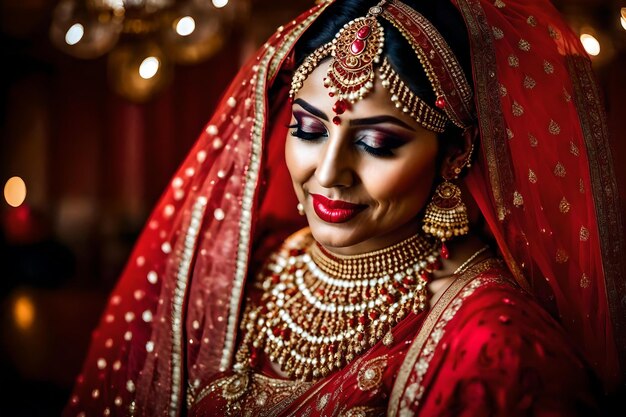 A woman in a red sari with a red lip and gold necklace