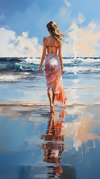 Woman in red sarong walking on beach