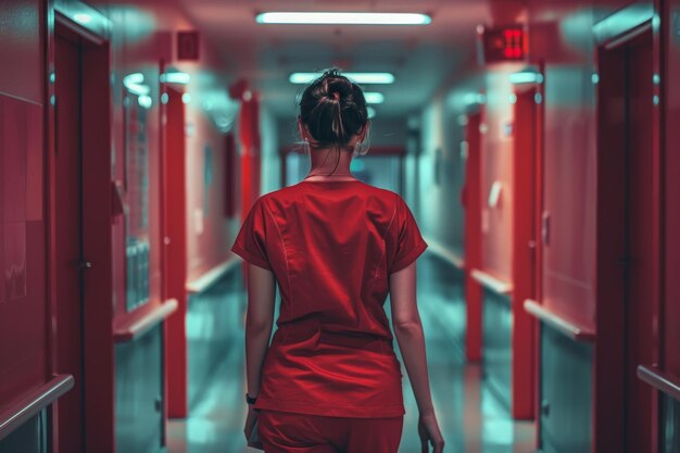 A woman in a red scrubs walks down a hallway