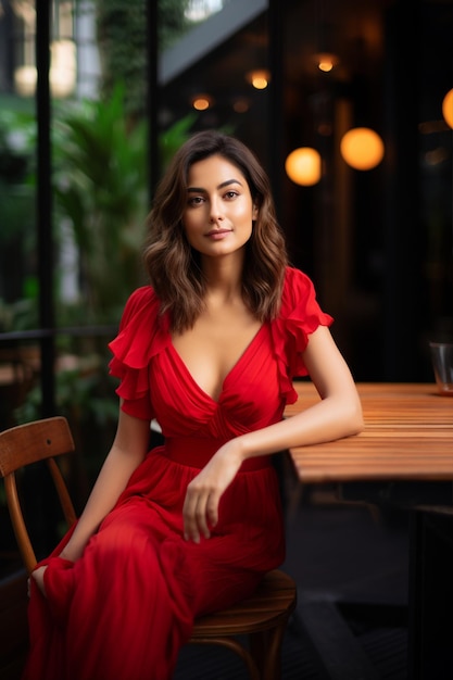 Woman in Red Seated at Outdoor Table