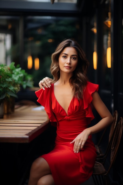 Woman in Red Seated at Outdoor Table