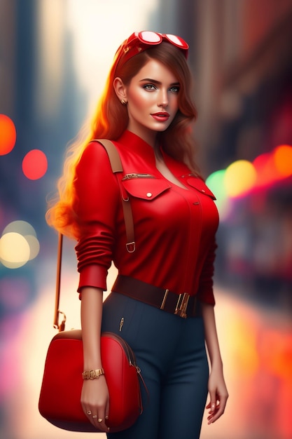 Photo a woman in a red shirt and blue pants stands in a street.