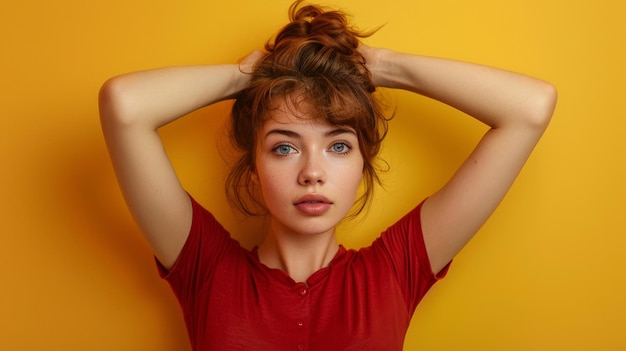 Woman in Red Shirt Holding Hair