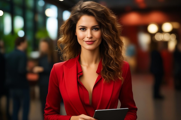 Woman in red shirt holding tablet computer in her hands Generative AI