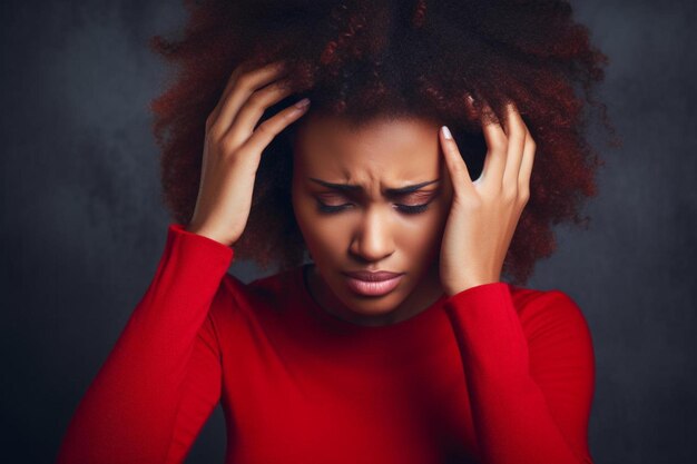 a woman in a red shirt holds her head with her hands