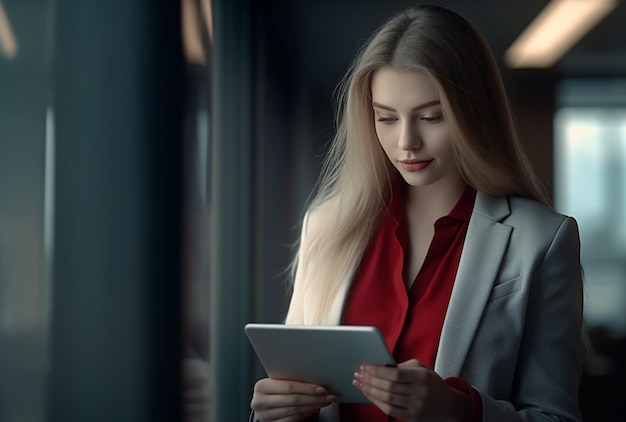 A woman in a red shirt is looking at a tablet with a white paper.