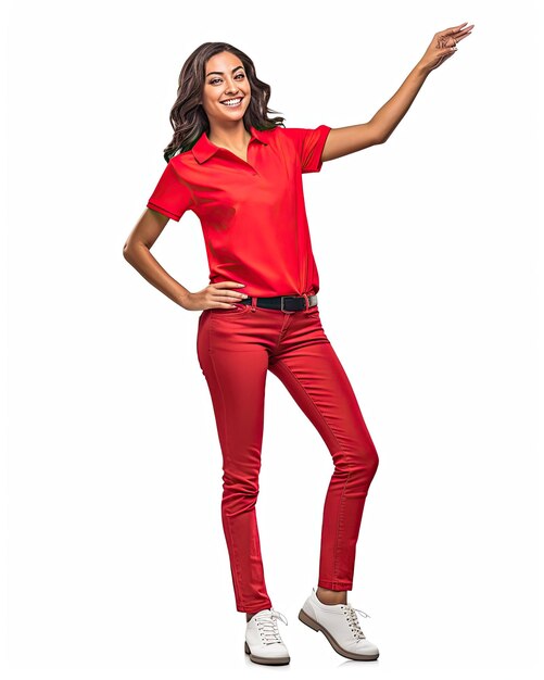 Photo a woman in a red shirt is standing in a white background.