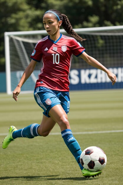 a woman in a red shirt kicking a soccer ball