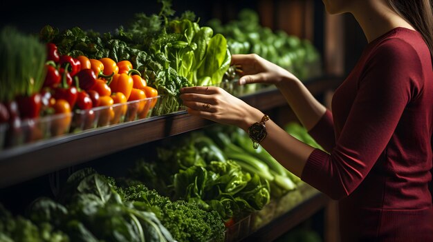 食料品店で野菜を選ぶ赤いシャツを着た女性 ジェネレーティブ AI