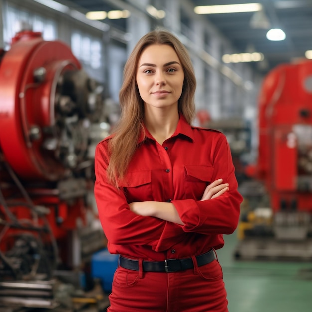 A woman in a red shirt stands in front of a machine with her arms crossed.