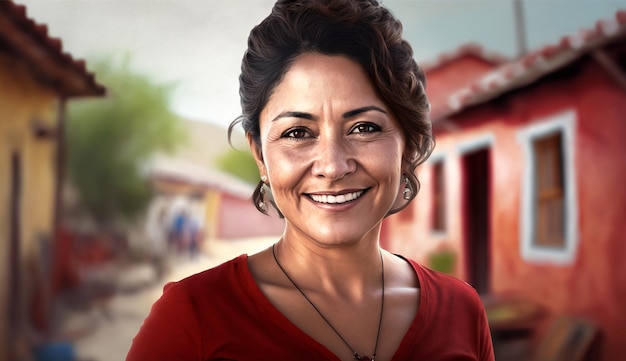 A woman in a red shirt stands in front of a red house.