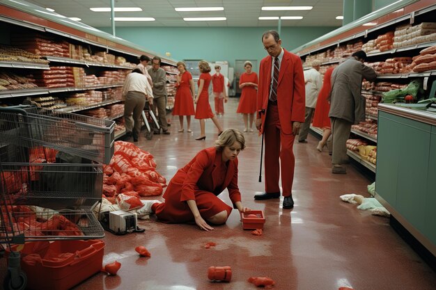 Photo a woman in a red suit is kneeling on the floor in a store