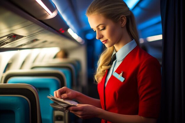 a woman in a red suit is standing on a plane and holding a credit card and looking at her phone.